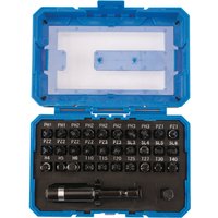 Blue plastic case with 32-piece Draper Expert impact screwdriver bit set, including various bits and a black handle.