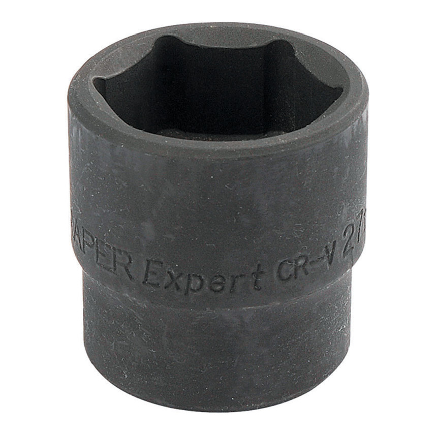 Black 15mm impact socket with a 1/2" square drive, made of durable chrome vanadium steel, featuring engraved "Draper Expert CR-V 21" for identification.