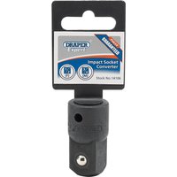Black Draper Expert impact socket converter, 1/2"(F) x 3/4"(M), with a square drive and branded packaging tag.