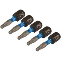 Set of five Draper Expert Impact Torx screwdriver bits, black with blue bands and T10 marking.