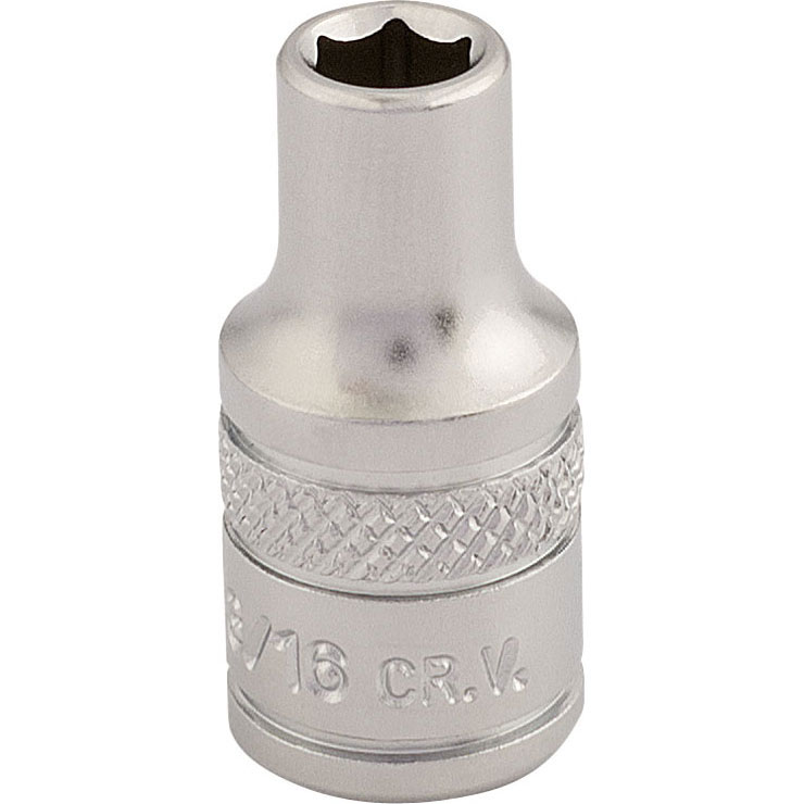 Shiny chrome-finished 1/4" square drive imperial socket, marked with "3/16" CR.V." and featuring a textured grip band for easy handling.