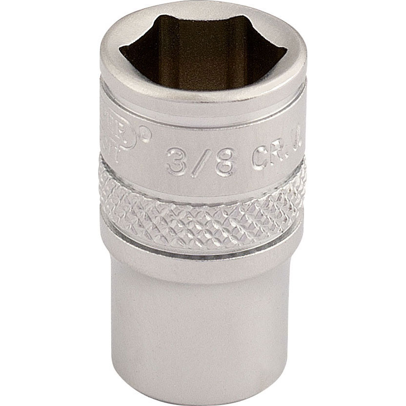 Shiny chrome-plated 3/8" imperial socket with a 1/4" square drive, featuring a knurled grip for easy handling and a deep well for improved access to fasteners.