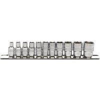 Draper Expert 11-piece imperial socket set on metal rail, silver chrome finish, 1/4" square drive sockets.