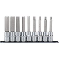 Draper Expert 9-piece long metric hex socket bit set, silver, 100mm length, mounted on a black rail.