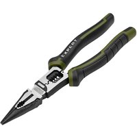 Black and green Draper Expert long nose wire stripping pliers with serrated jaws and ergonomic handles.