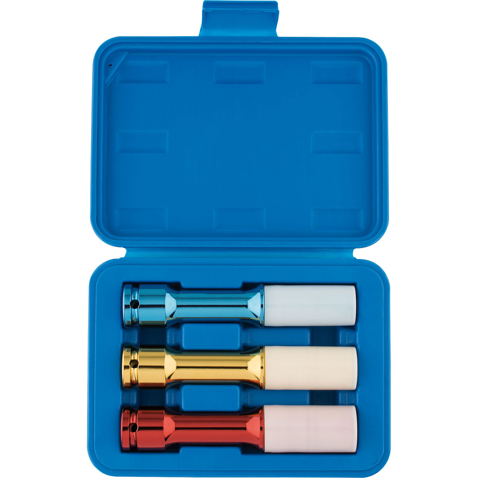 Three long reach wheel nut sockets in blue, gold, and red, housed in a blue plastic case with a secure lid, featuring a foam interior for protection and organization.