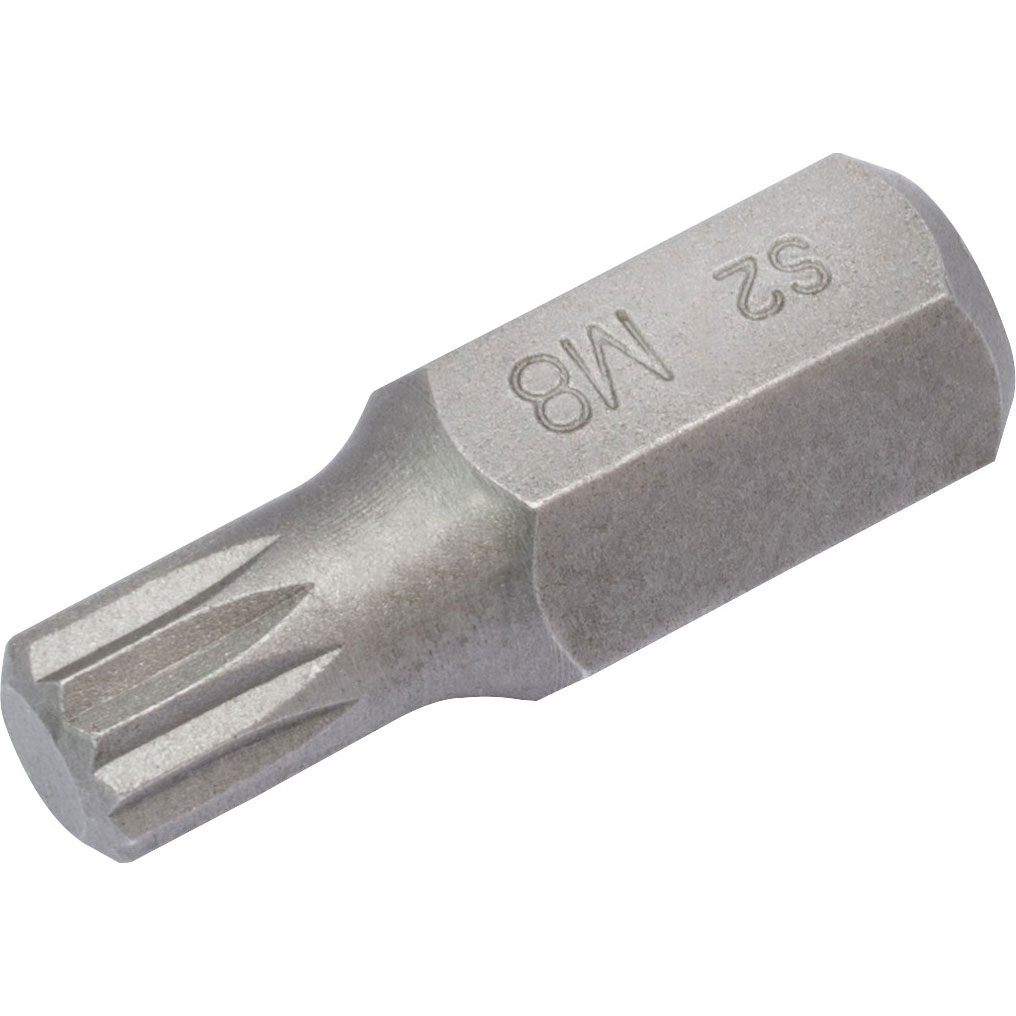 Silver M8 x 30mm spline insert bit with a 10mm hex shank, featuring a textured grip and engraved sizing for easy identification, designed for mechanical applications.
