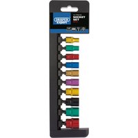 Draper Expert 10-piece metric socket set, 1/4" drive, with colorful sockets in a black holder.