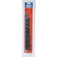 Draper Expert metric crow foot spanner set on metal rail, 8 silver pieces in clear packaging with red background.