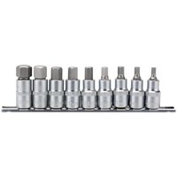 Silver Draper Expert 9-piece metric hex socket bit set on a black rail, 1/2" square drive, 55mm length.