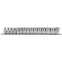 Draper Expert 15-piece metric socket set on metal rail, silver finish, 1/2" square drive, neatly aligned in a row.