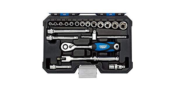 A black and blue 20-piece metric socket set featuring chrome vanadium sockets, a ratchet handle, and a sturdy plastic case with a secure latch.
