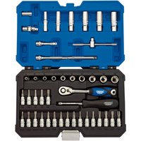 Draper Expert 44-piece metric socket set in blue and black case, includes ratchet, sockets, and extensions.