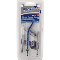 Draper Expert thread repair kit with blue handle tool, drill bits, and coils in clear plastic packaging.