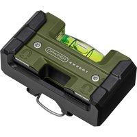 Green and black Draper Expert Mini Pocket Spirit Level with a central bubble vial and metal clip.