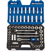 Draper Expert 63-piece socket set in blue and black case with various sockets, ratchet, and extensions.