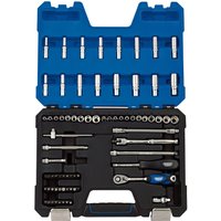 Draper Expert 75-piece socket set in blue and black case with various sockets, ratchets, and extensions.