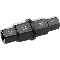 Black Draper Expert motorcycle spindle key with hexagonal ends labeled 17, 19, 22, 24MM.