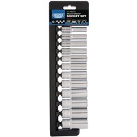 Draper Expert 12-piece deep socket set, silver chrome finish, arranged on a black holder with size markings.