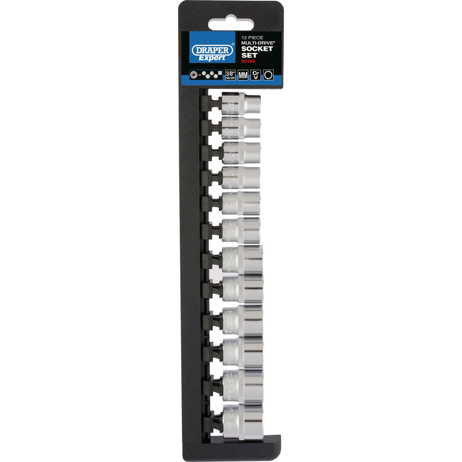 Draper Expert 50160 12-piece multi-drive socket set featuring chrome vanadium steel sockets in a sleek black holder, with sizes clearly labeled for easy identification.
