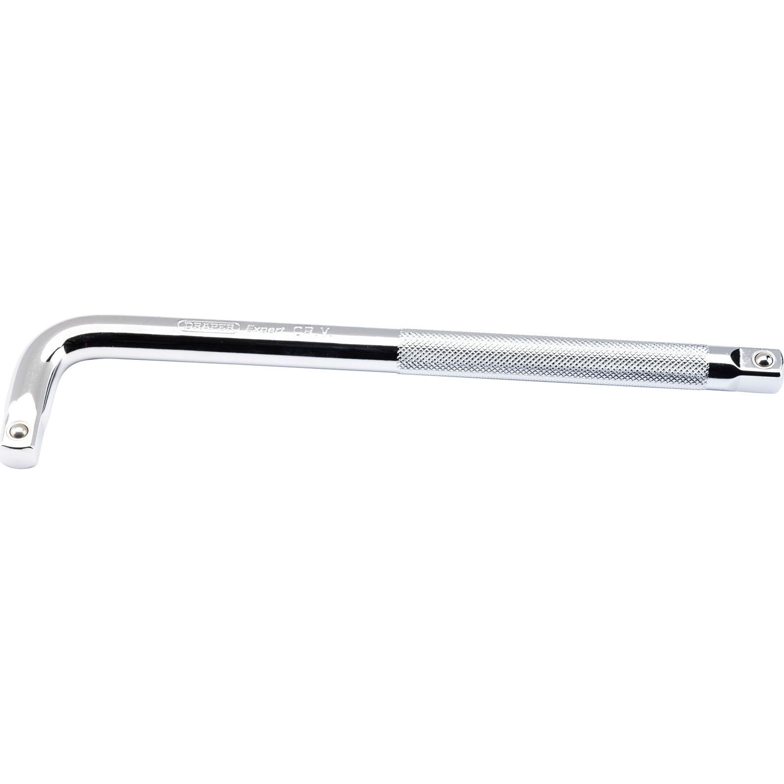 Draper Expert 34496 1/2" square drive offset handle, featuring a shiny chrome finish, knurled grip for enhanced handling, and a 90-degree offset for improved access in tight spaces.
