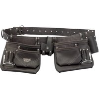 Brown leather double pouch tool belt with multiple pockets and silver rivets by Draper Expert.