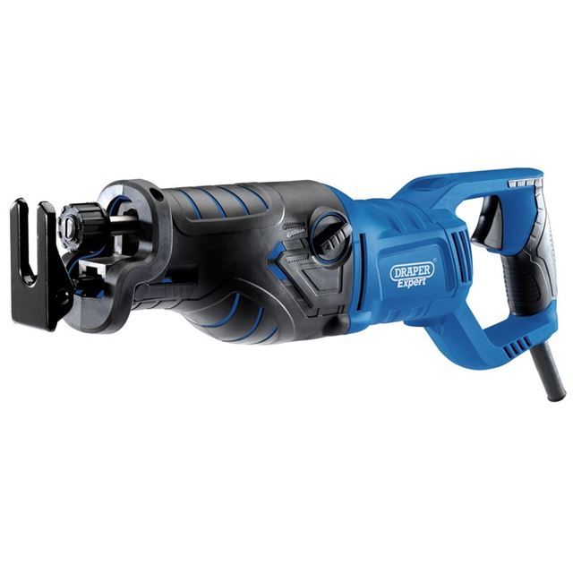 Draper Expert 57489 orbital action reciprocating saw features a blue and black design, ergonomic handle, and adjustable blade clamp for versatile cutting tasks.
