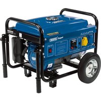Blue Draper Expert petrol generator, 2500W, with black frame, control panel, and two wheels for mobility.