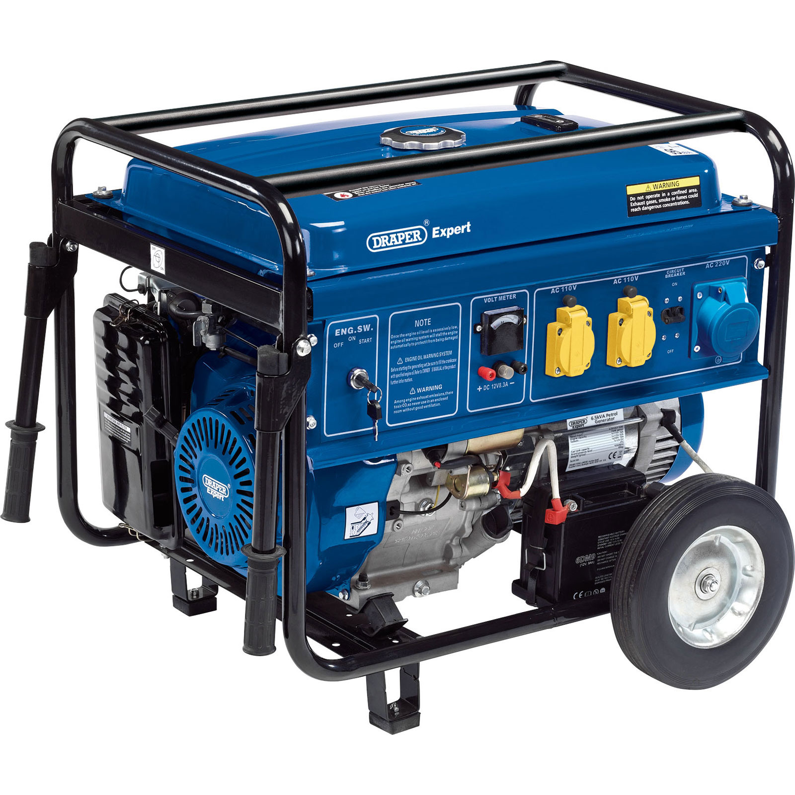 Blue petrol generator on a black metal frame, featuring two yellow outlets, control panel with gauges, and a single wheel for mobility.