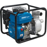 Blue and silver Draper Expert petrol water pump with black metal frame, 4.8HP engine, and large hose connectors.