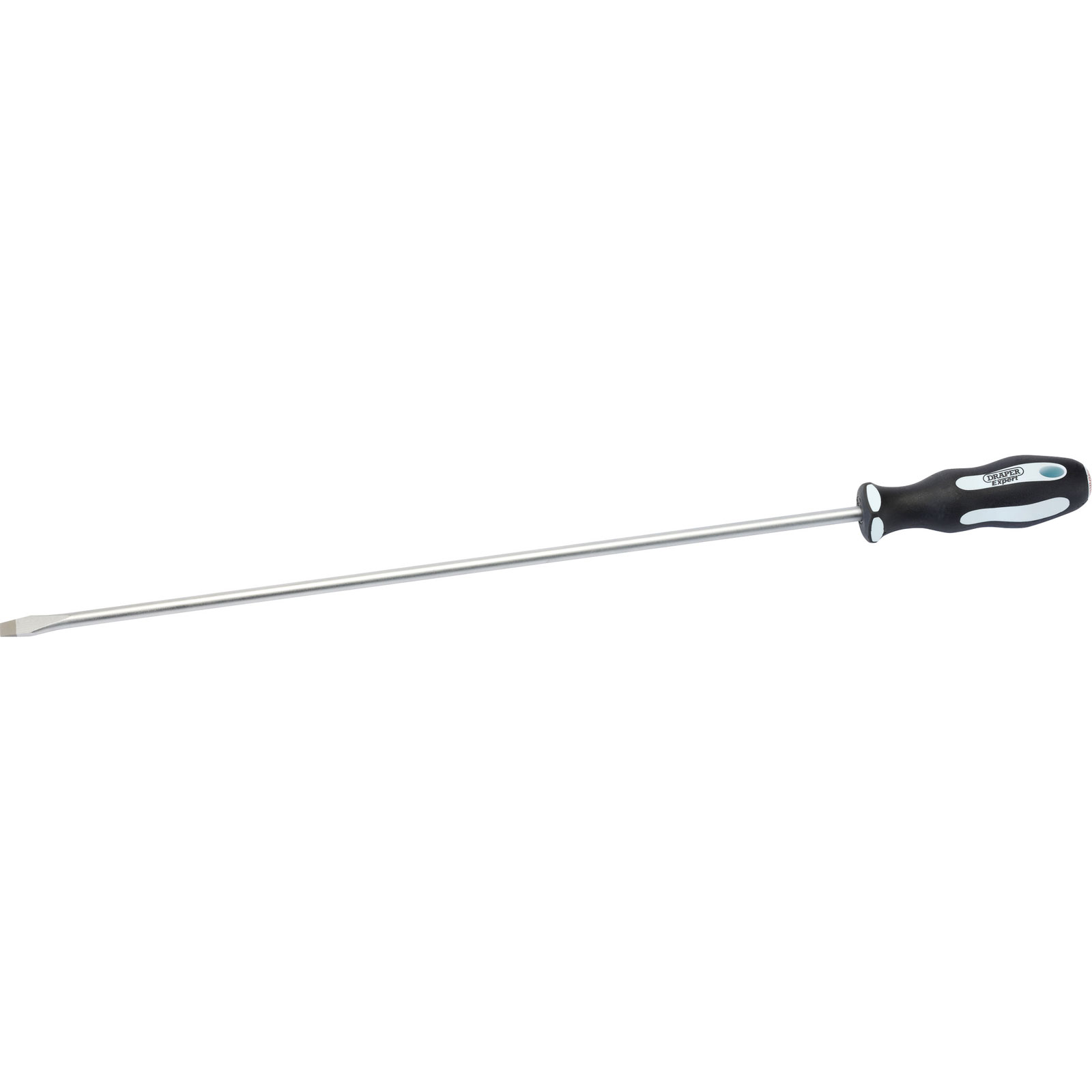 Extra long reach screwdriver with a plain slot tip, featuring a soft grip black handle with white accents and a shiny metal shaft.