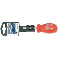 Red-handled Draper Expert screwdriver with flared tip, 6 x 38mm, attached to black packaging with label.