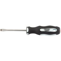 Black and white soft grip screwdriver with a flat 5.5mm tip and 75mm shaft, branded Draper Expert.