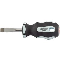 Black and white soft grip screwdriver with a flat 6.5mm tip and short 38mm shaft, branded Draper Expert.