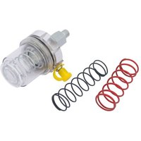 Clear polycarbonate grease feeder with metal fittings, yellow cap, and three coil springs in black and red.