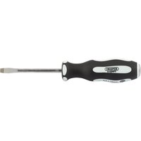 Draper Expert screwdriver with black soft grip handle and silver plain slot blade, 5.5 x 75mm size.