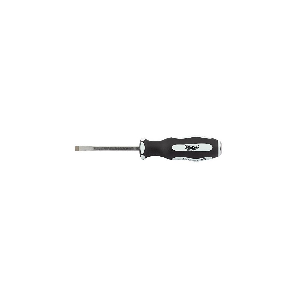 Black and grey soft grip screwdriver with a plain slot tip, measuring 6.5 x 150mm, featuring a durable metal shaft and ergonomic handle for comfortable use.
