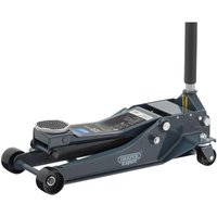 Blue Draper Expert low profile garage trolley jack with black handle and four wheels.