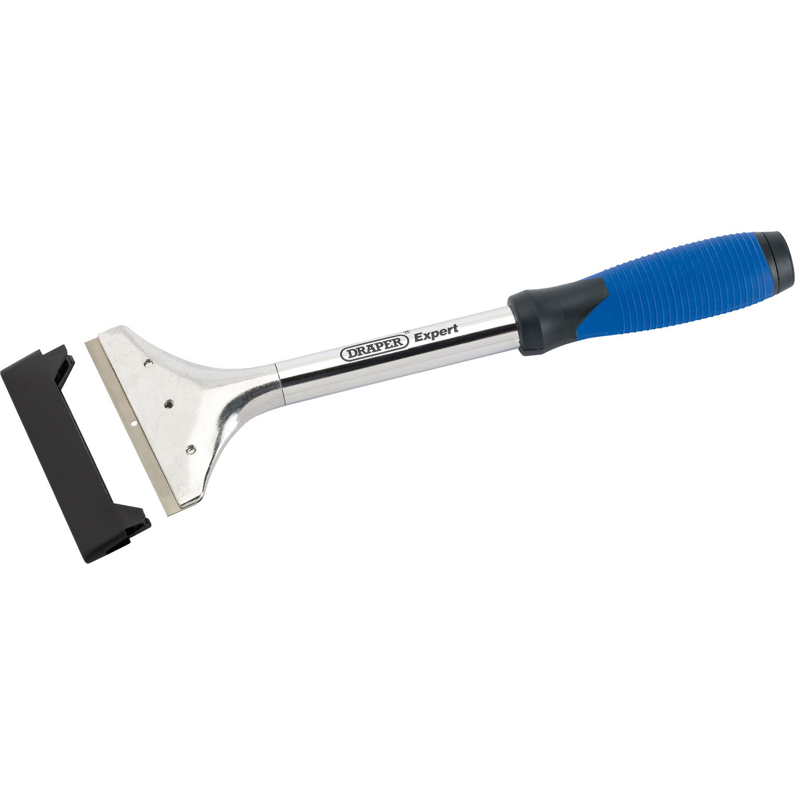 Professional 4" scraper with a stainless steel blade and a soft grip handle featuring blue rubber accents for comfort and control.