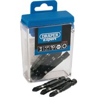 Draper Expert PZ Type Impact Bits, No.2 x 50mm, 10-piece set in a clear box with blue lid, black bits visible.