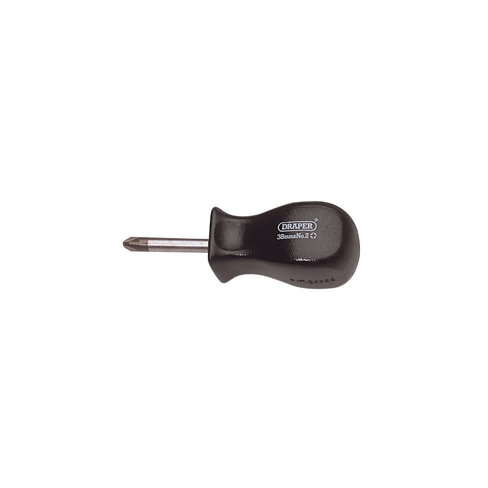 Black plastic handle screwdriver with a contoured grip, featuring a 38mm PZ type steel tip, labeled "Draper" for easy identification.