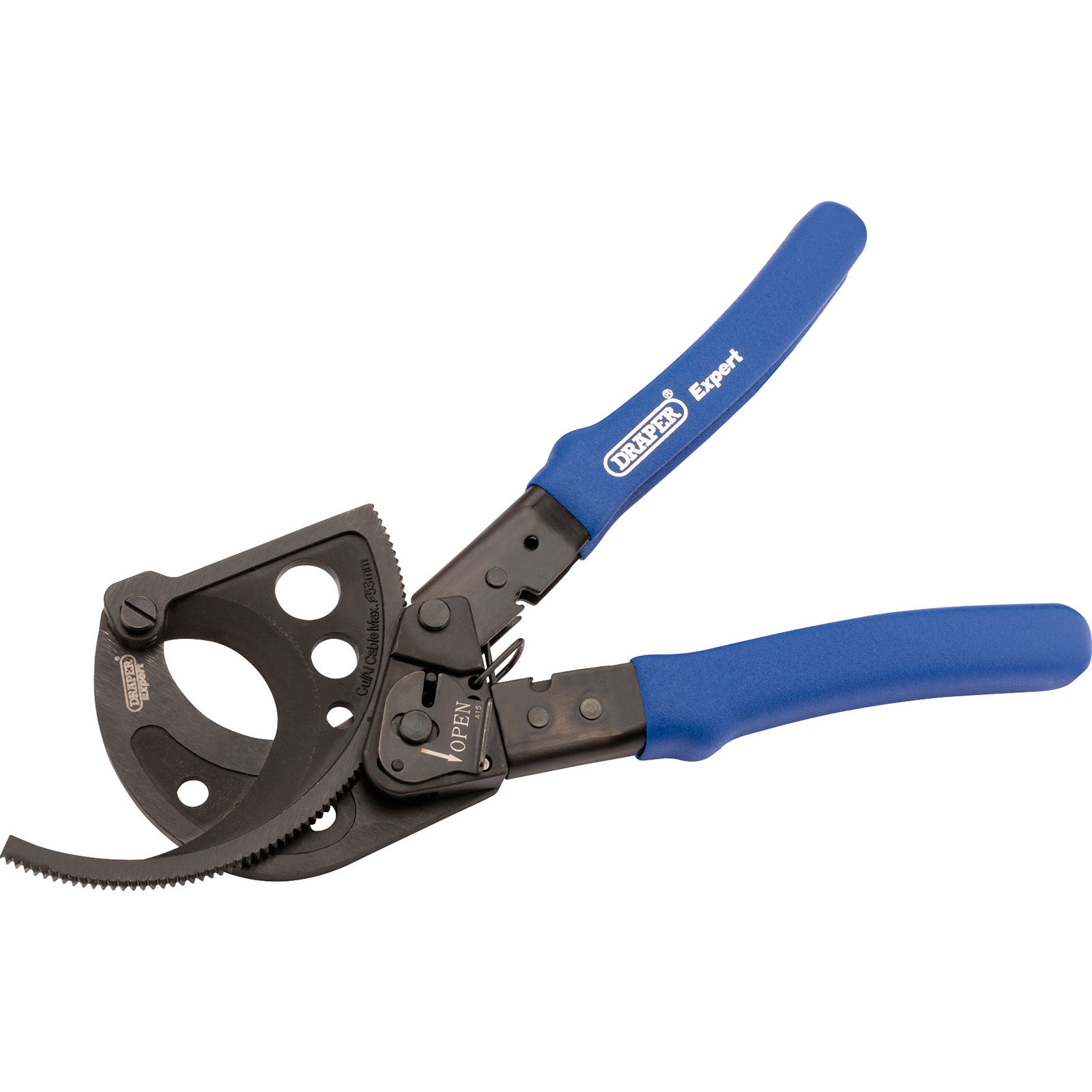 Draper Expert 64329 ratchet action cable cutter features a black steel cutting head with holes and blue rubberized grips, measuring 280mm in length for enhanced leverage and control.