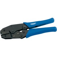 Black Draper Expert RJ45 ratchet crimping tool, 225mm, with blue ergonomic handles and a robust metal jaw.