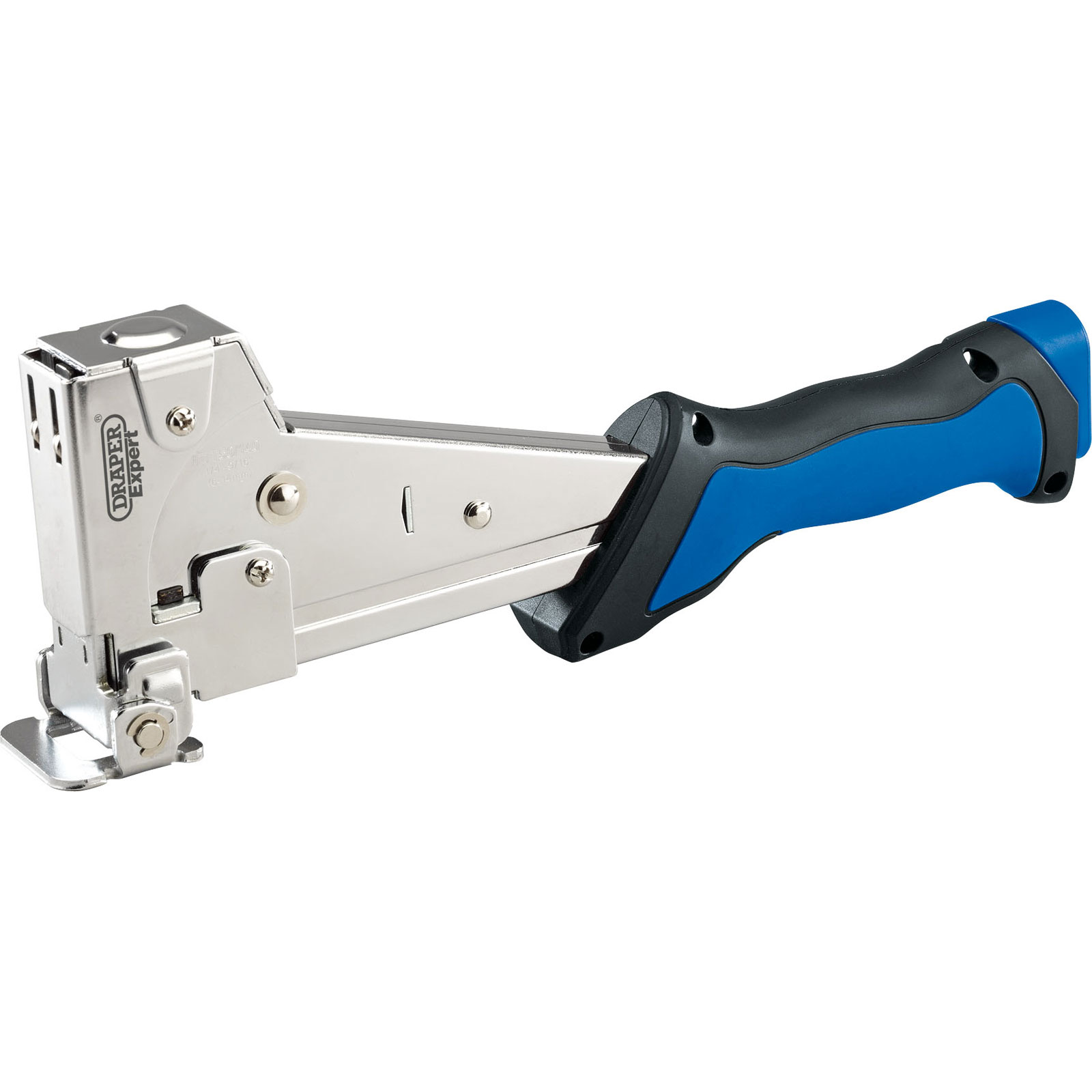 Draper Expert 63668 Roofing Hammer Tacker features a silver metal body with a black and blue rubber grip, designed for easy handling and efficient stapling.