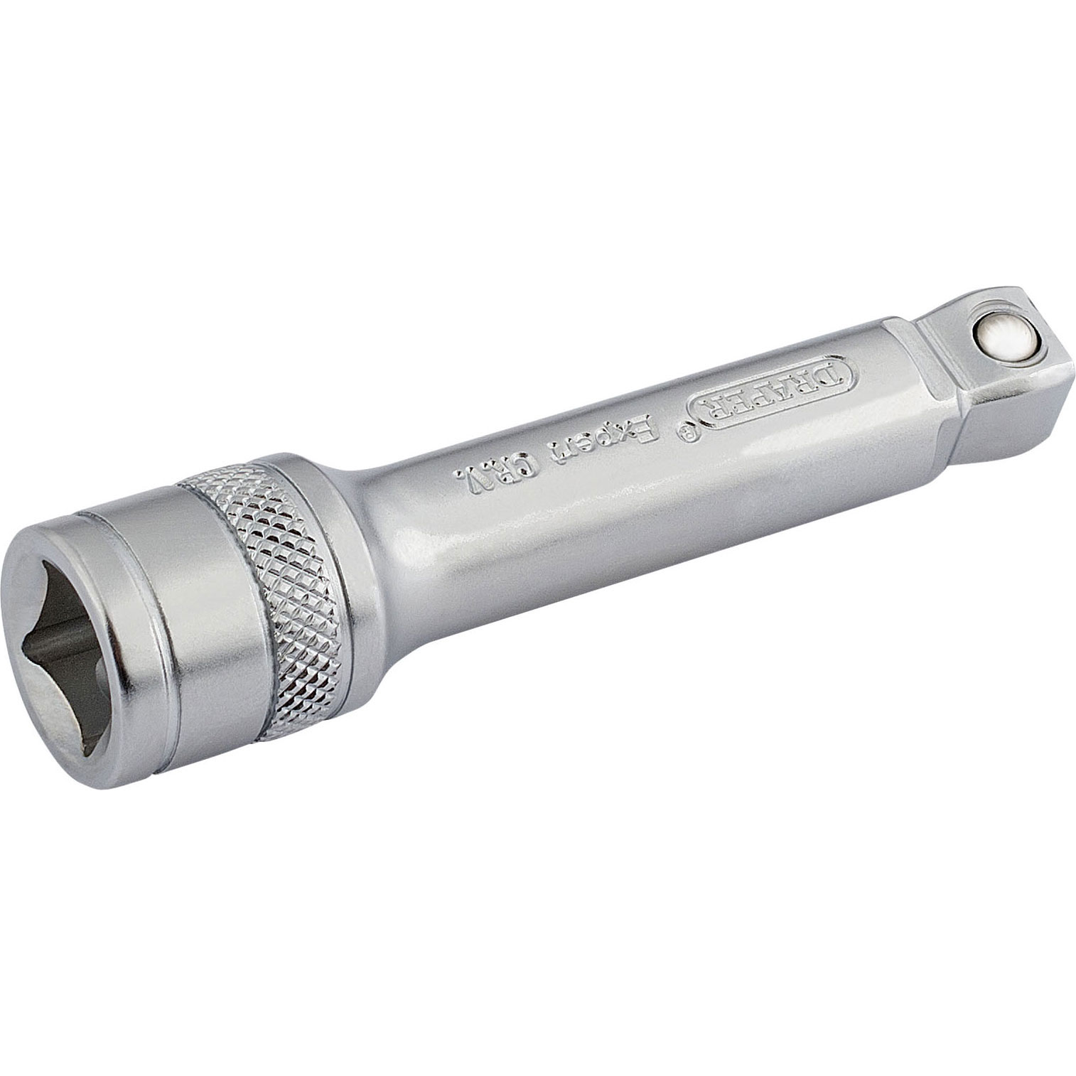 Satin chrome 3/8" square drive wobble extension bar with a knurled grip, featuring a 6-point socket design for enhanced torque and flexibility in tight spaces.
