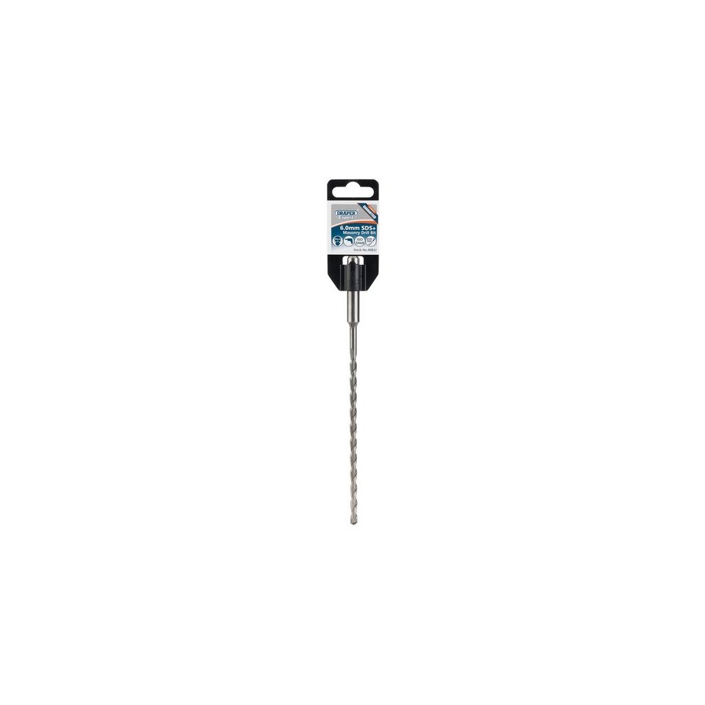 SDS+ masonry drill bit, 6.0 x 210mm, featuring a twisted design for efficient drilling, with a black and silver finish and packaged in a card with product details.