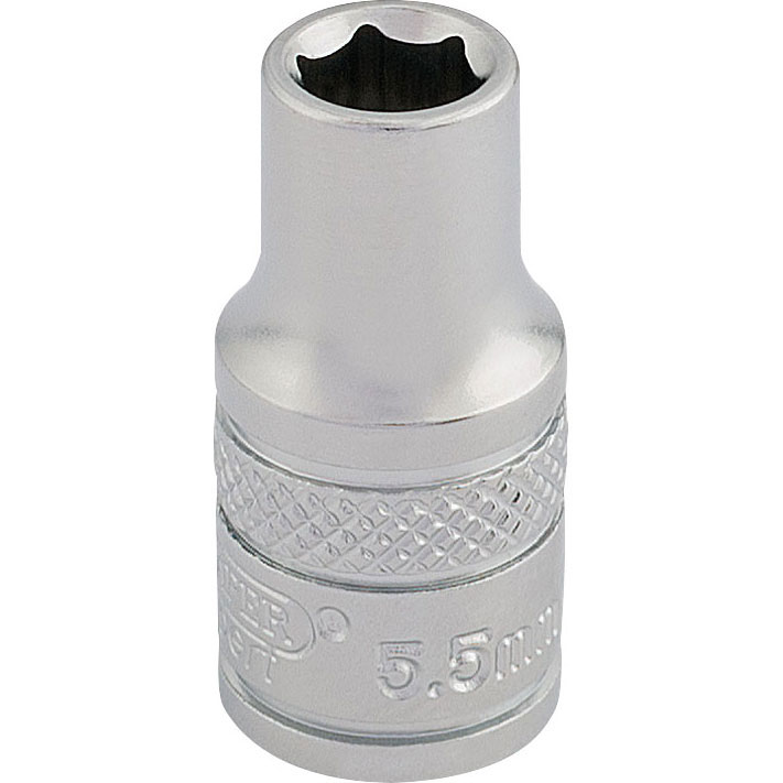 Shiny chrome-plated 5.5mm socket with a 1/4" square drive, featuring a textured grip and engraved branding for easy identification.