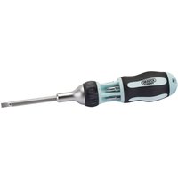 Draper Expert ratcheting screwdriver with black soft grip handle and interchangeable bits stored in a transparent compartment.