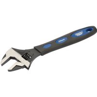 Black and silver adjustable wrench with blue soft grip handle, 250mm, by Draper Expert.