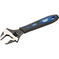 Draper Expert 200mm crescent-type wrench with silver adjustable jaw and black soft grip handle with blue accents.